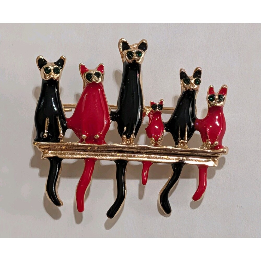 Vintage Gold Tone Enamel Cats on Fence Brooch Pin Black & Red Rhinestone Eyes